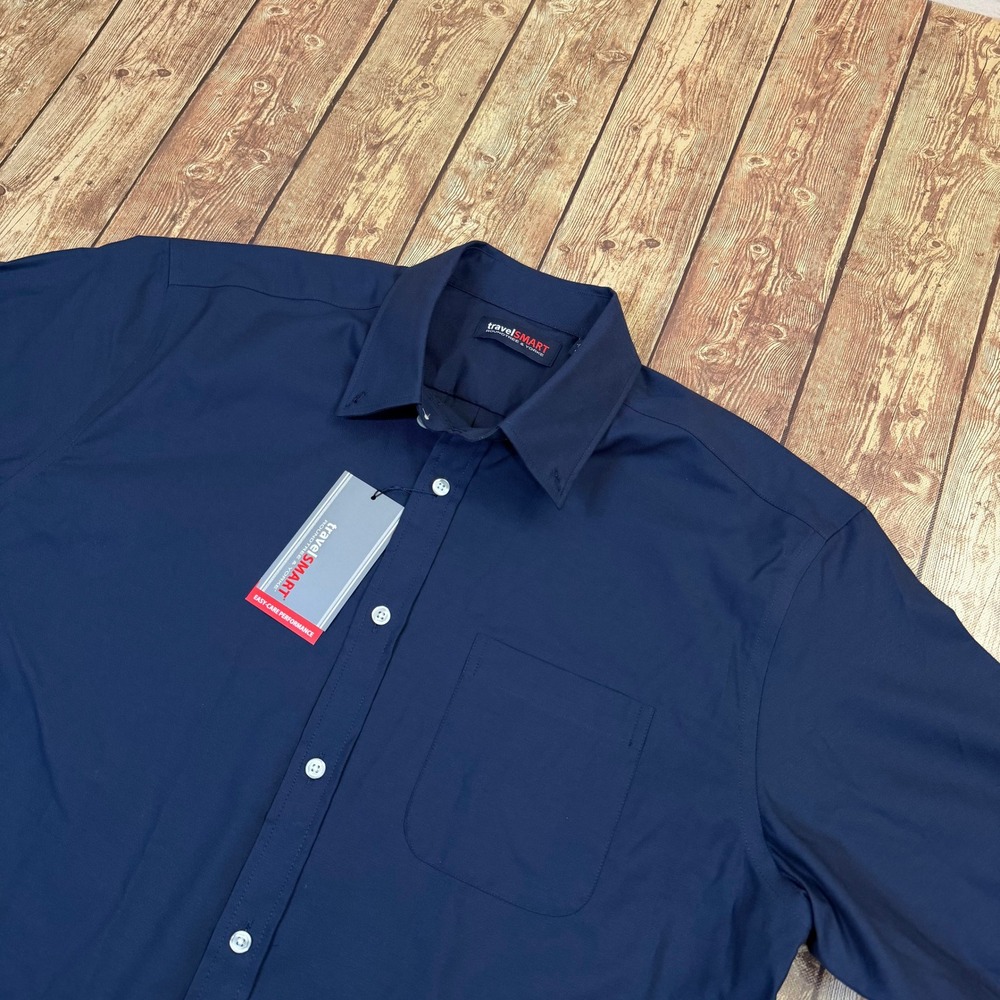 Roundtree Yorke TravelSmart Shirt Mens Large Navy Blue Stretch Wrinkle Resistant